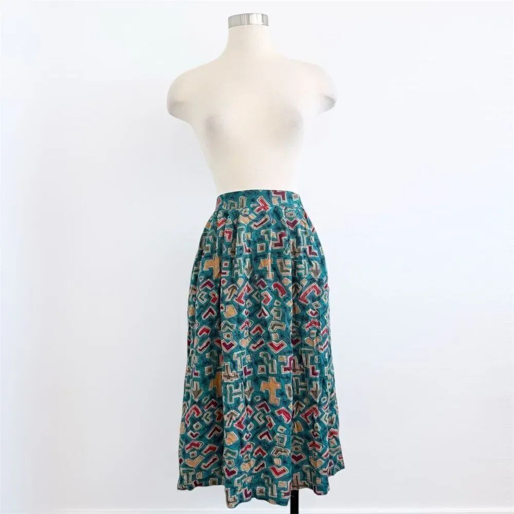 Vintage Sag Harbor Teal Geo Geometric Maxi Skirt Medium Fairy Cottage Boho